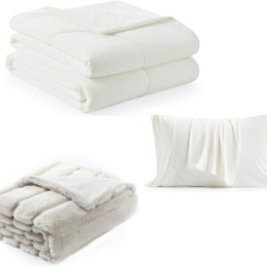 Cozy Bliss Faux Fur Throw Blanket 50 * 60 Inches and Cooling Comforter Queen Size 90 * 90 Inches and Cooling Pillowcase Queen Size 20 * 30 Inches