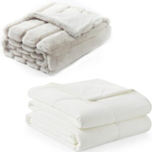 Cozy Bliss Faux Fur Throw Blanket 50 * 60 Inches and Cooling Comforter Queen Size 90 * 90 Inches