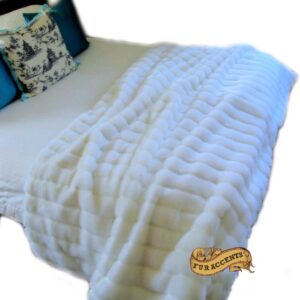 Plush Channel Mink Faux Fur Throw Blanket with Minky Cuddle Fur Lining Ribbed Mink Luxury Fur (5'x7', White)